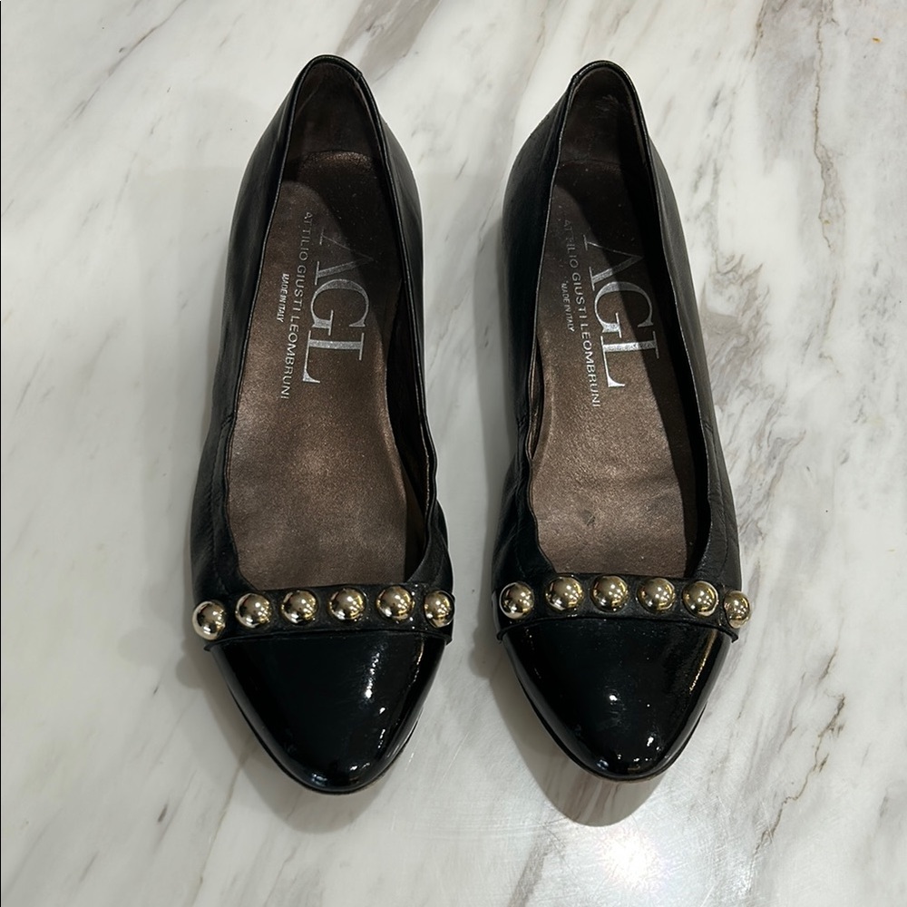 AGL Black Patent Leather Flats with Gold Accents- EU 37